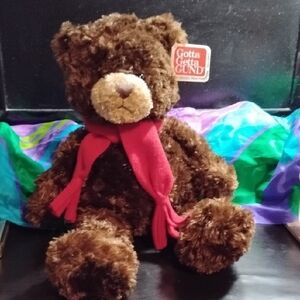 Gund Plush Sitting Brown Bear with Red Scarf, 10" Tall, Very Soft